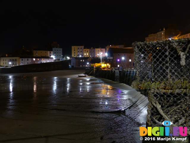 FZ026200 Lobster pods and Tenby harbour at night